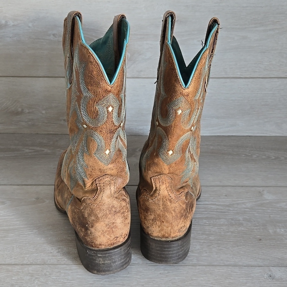 Sold Ariat Women 10008017 Brown & Teal Western Boots Square Toe Shoes Sz 9B - Picture 7 of 16